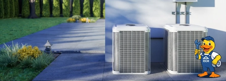Residential driveway beside a landscaped yard next to two outdoor air conditioning condenser units by a home.