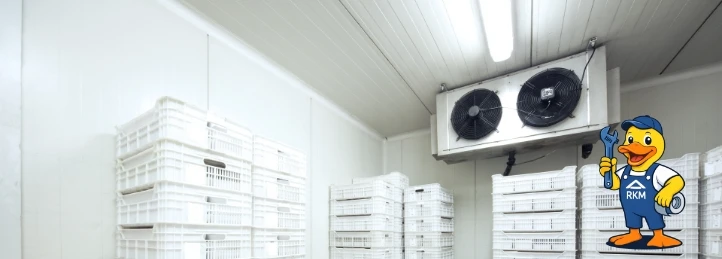 Commercial walk-in cold storage room with stacked plastic crates and ceiling-mounted refrigeration evaporator fans.