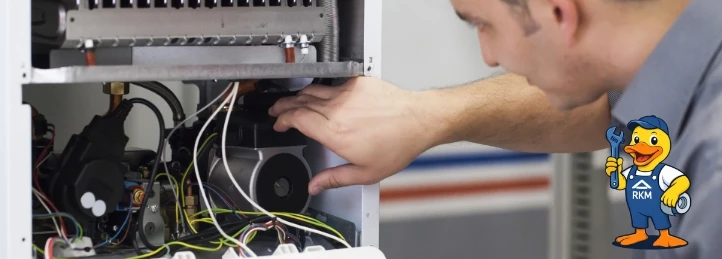 HVAC technician servicing the internal components of a residential furnace during maintenance or repair.