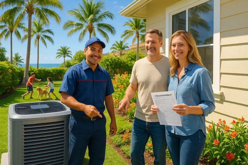 California homeowner and HVAC tech beside new condenser with checklist