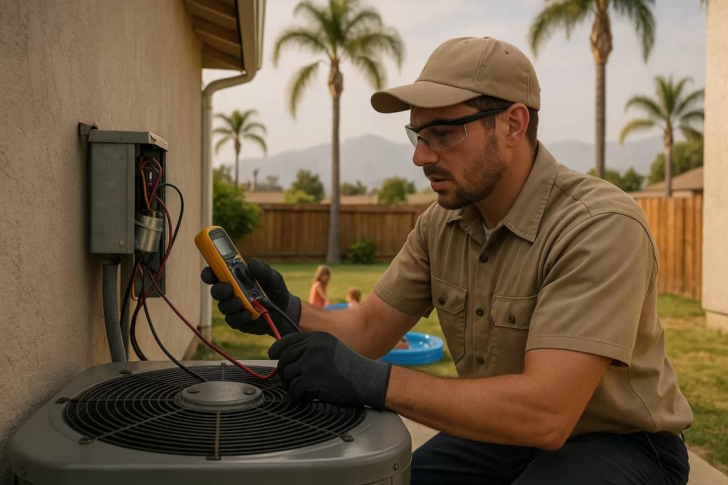 HVAC technician diagnosing rooftop unit during urgent repair in Southern California