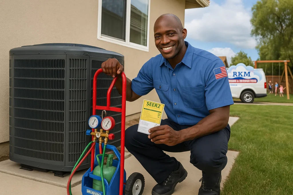 Technician installing high-efficiency AC unit with SEER2 documentation in California yard