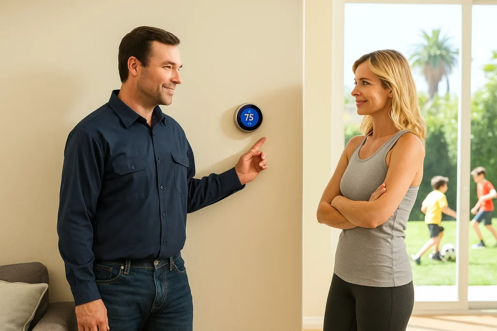 This is an image of an HVAC technician and a homeowner discussing the newly installed nest thermostat in her living room