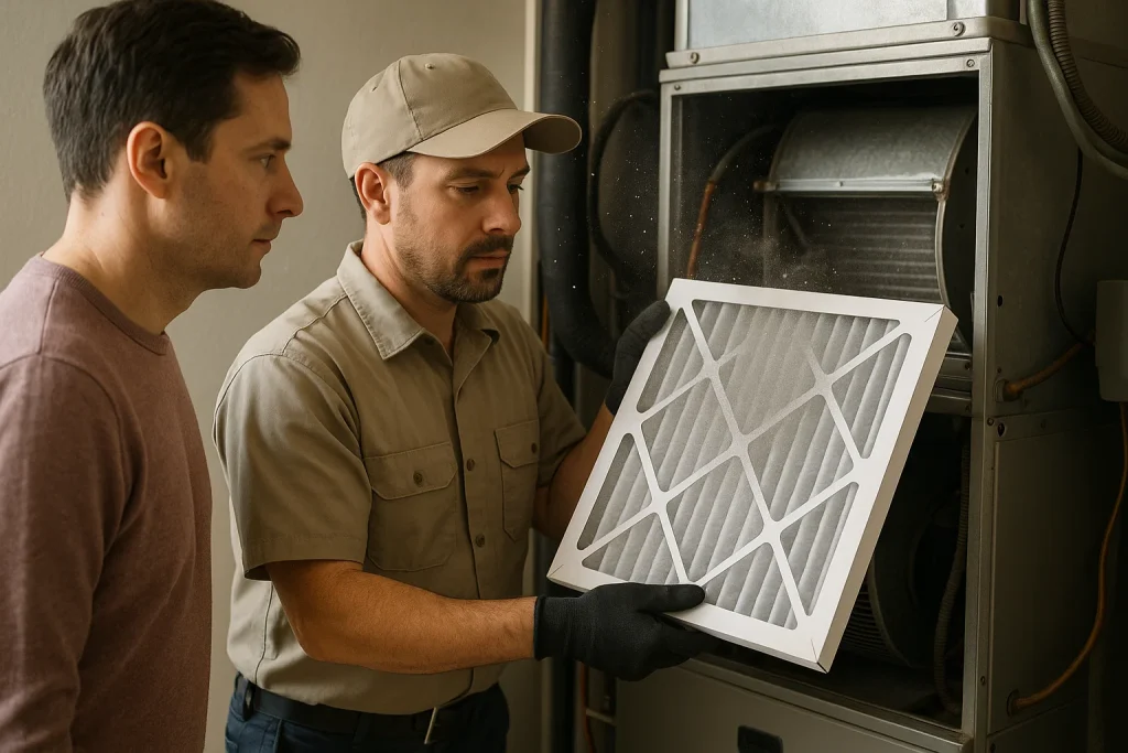 Technician installing a high-efficiency filter during HVAC repair to capture airborne dust