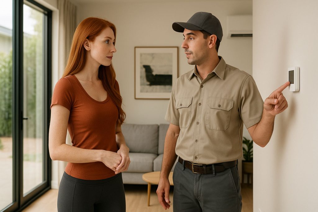 Homeowner reviewing AC troubleshooting steps with technician at thermostat