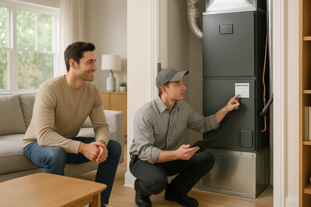 homeowner watching technician inspect new HVAC air‑handler in utility closet California