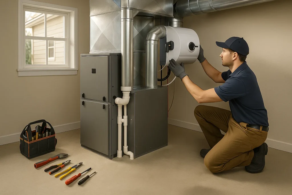 Technician installing a furnace with air quality enhancements in a California home.