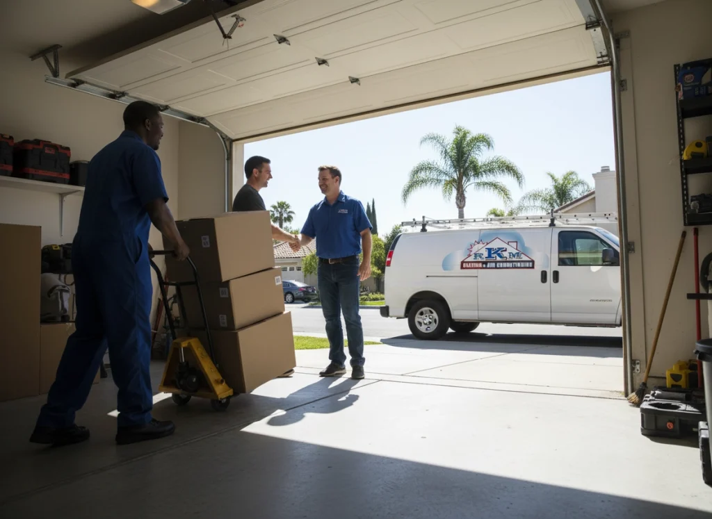Two HVAC technicians delivering a new furnace to a homeowner in his garage