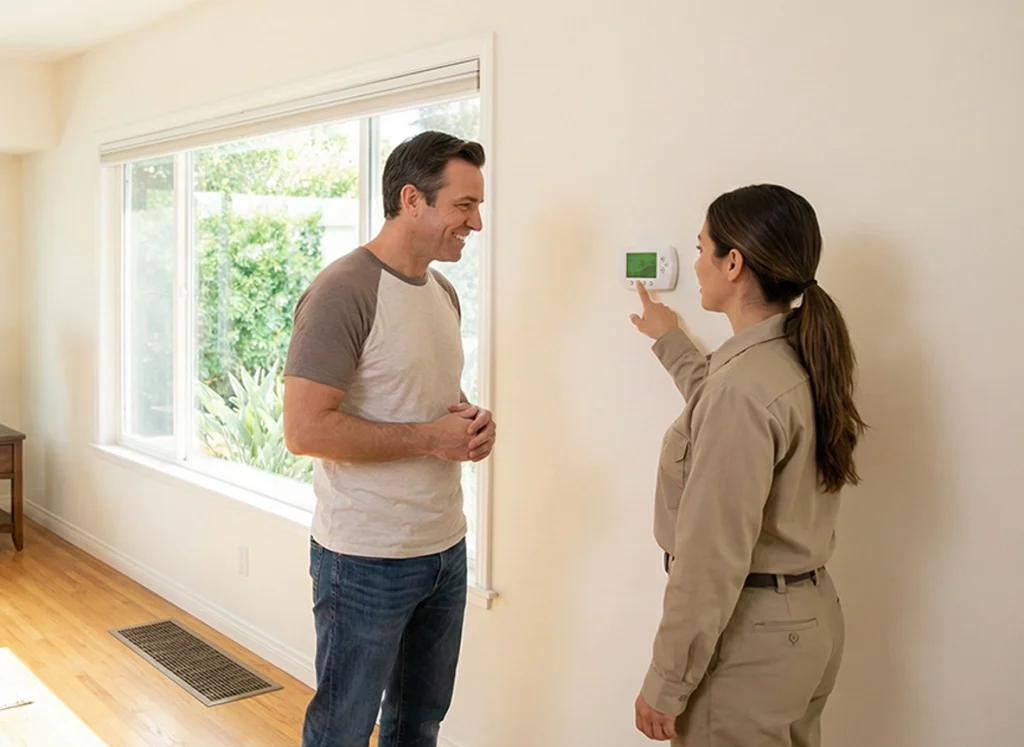 Homeowner checking thermostat with HVAC technician explaining furnace cycling in California living room