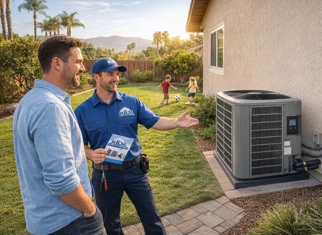 HVAC technician and the homeowner standing on the side of the house looking at a heat pump has been installed.