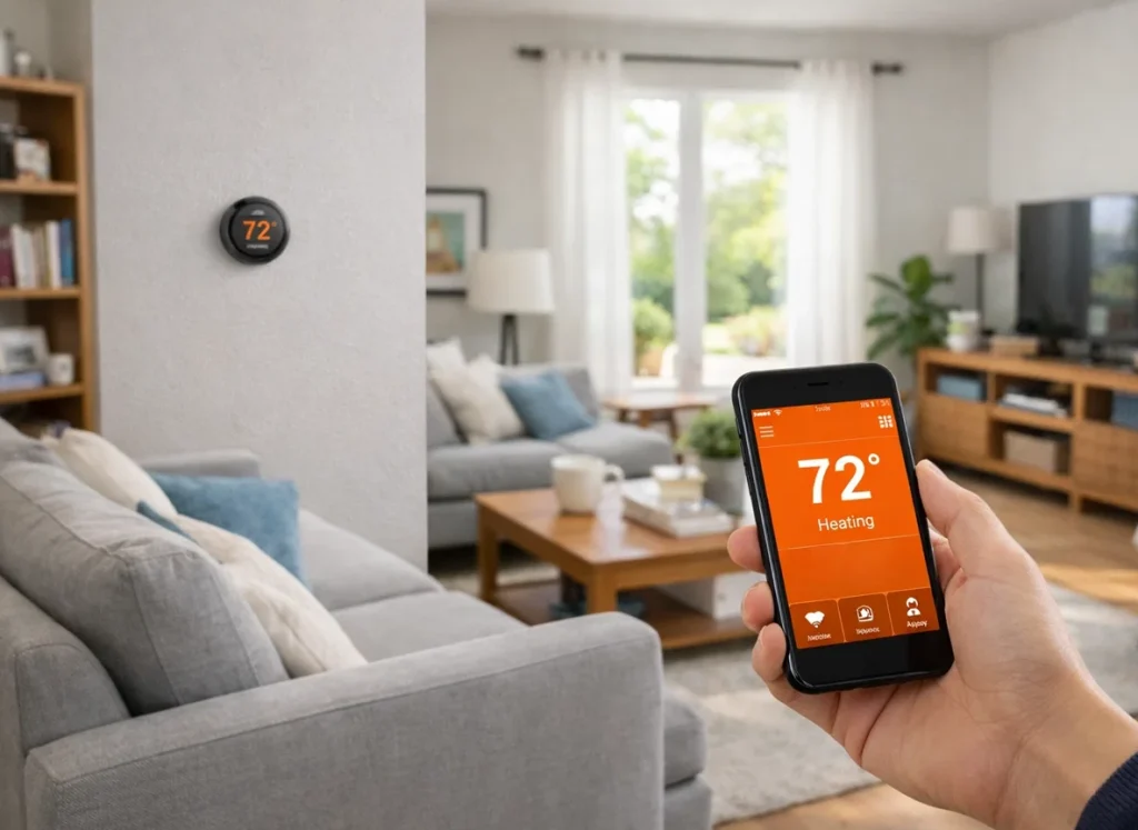 Homeowner controlling Wi-Fi thermostat with smartphone