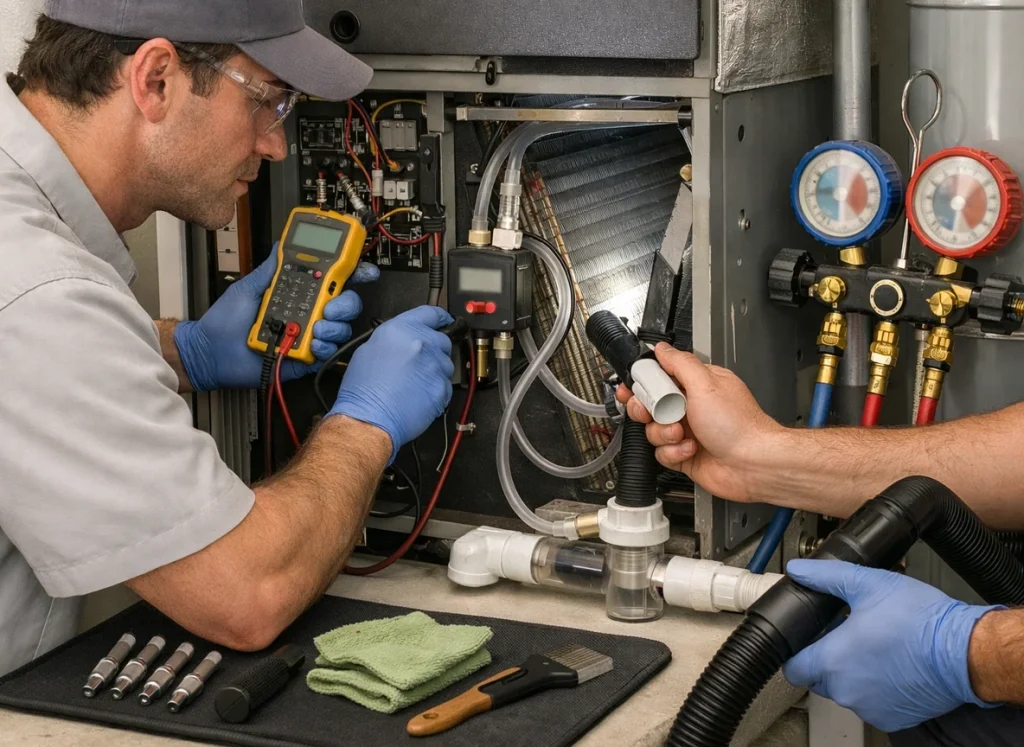 HVAC technician performing multi point inspection with airflow refrigerant electrical and drain checks