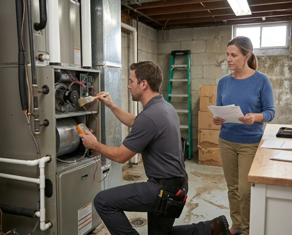 HVAC maintenance visit with service records and warranty documents