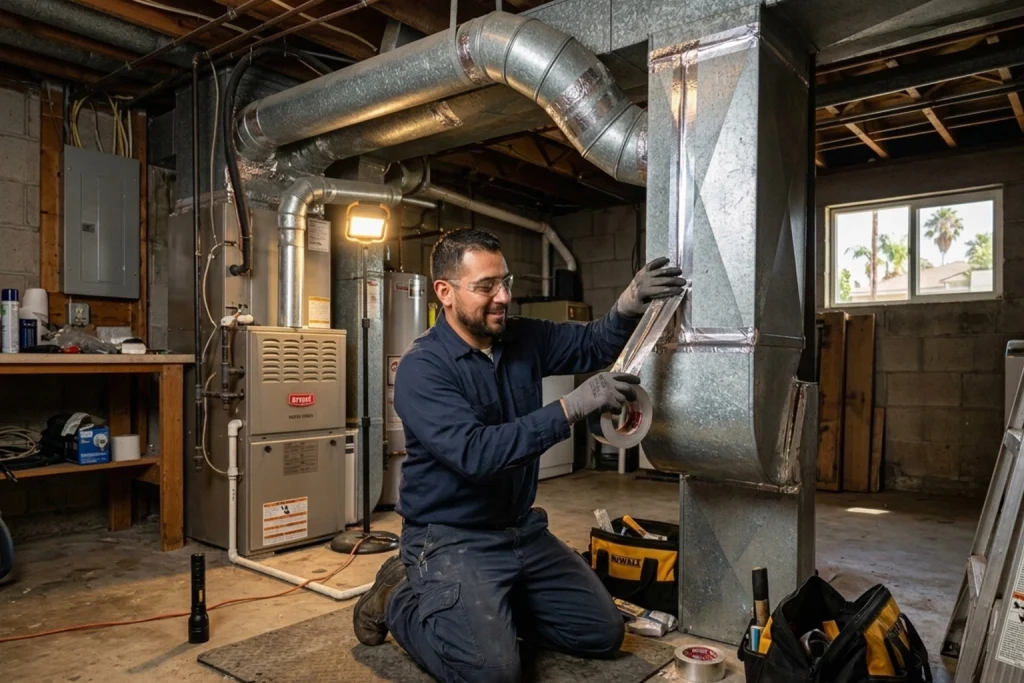 Technician sealing ductwork during California energy upgrade