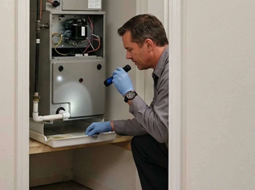 HVAC technician cleaning condensate drain and AC odor source