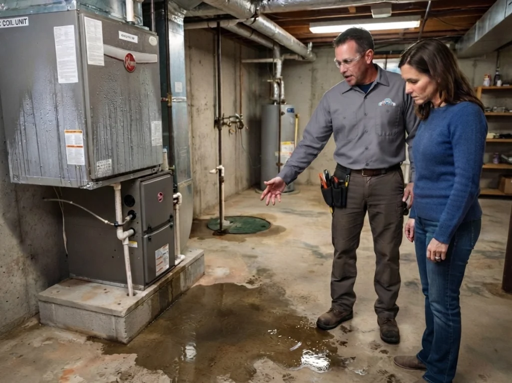 HVAC technician inspecting an indoor condensate leak in Corona home