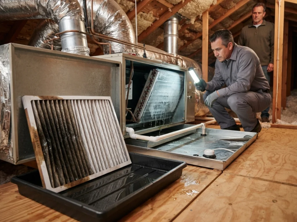 Frozen evaporator coil causing a wet AC filter in an Irvine home