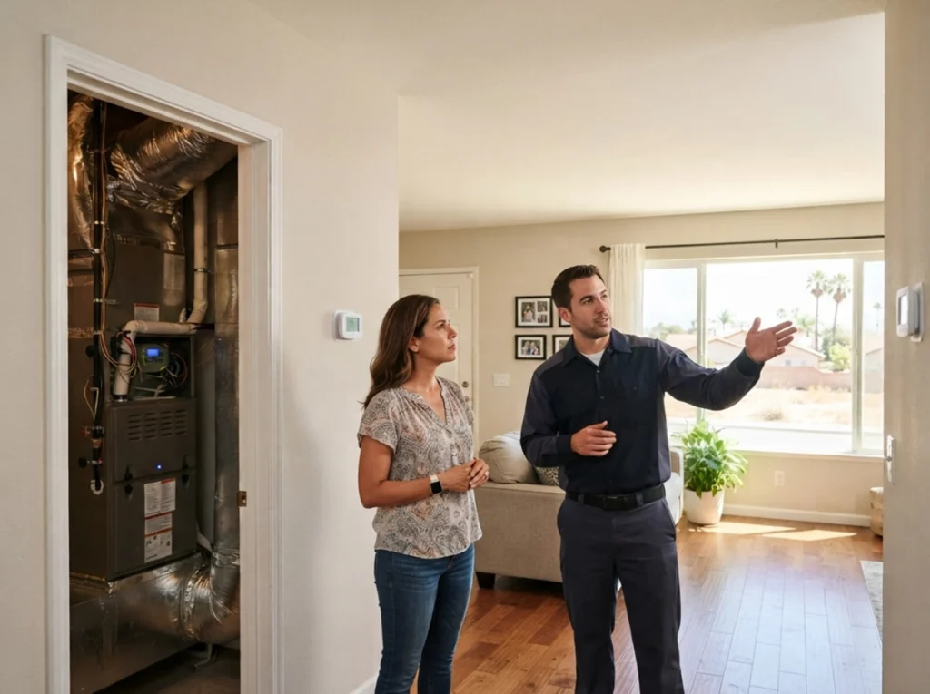 AnHVAC technician at a homeowner discussing problems with her smart thermostat