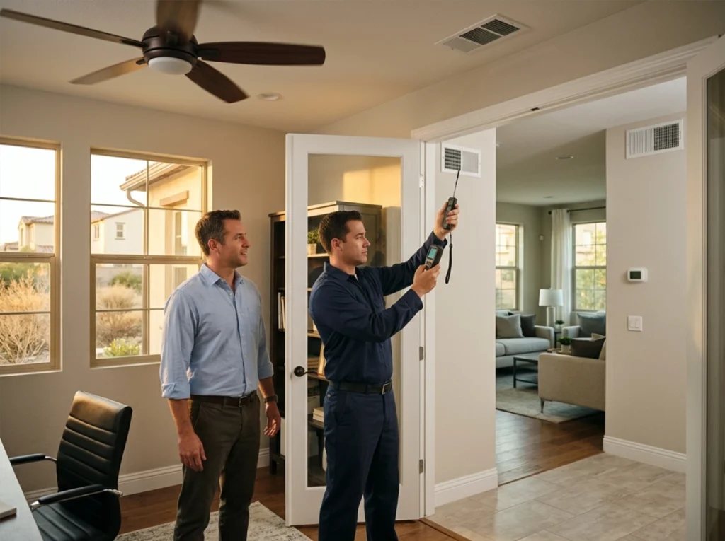 HVAC technician comparing airflow between warm and cool rooms in an Irvine California home