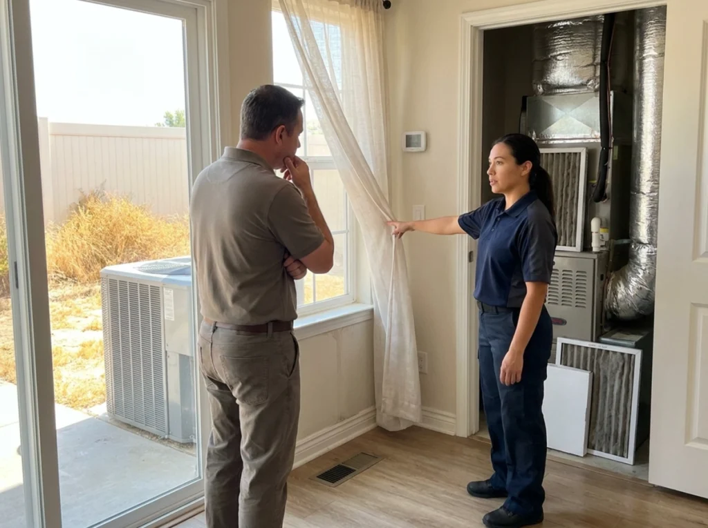 Corona homeowner reviewing weak AC airflow and indoor humidity in September